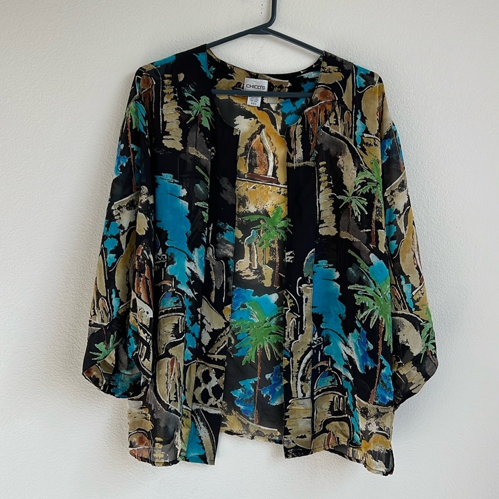 Vintage Chico's Impressionism City Scene 💯 Silk  Open Front Kimono Cardigan